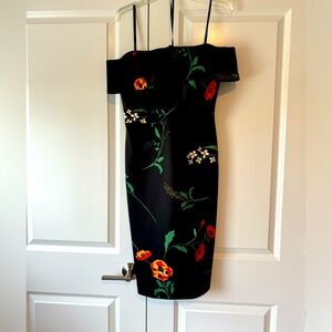 Calvin Klein black floral off the shoulder knee length cocktail dress